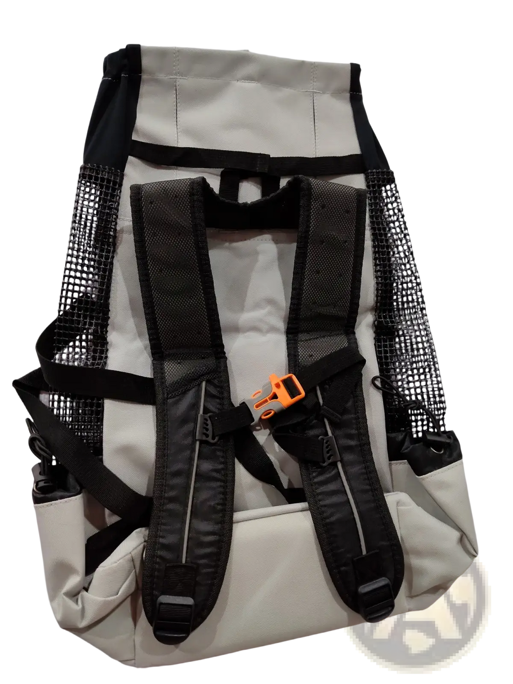 Breathable dog backpack mesh pet carrier gray with beige and black mesh sides, adjustable straps, orange buckle, and reinforced stitching