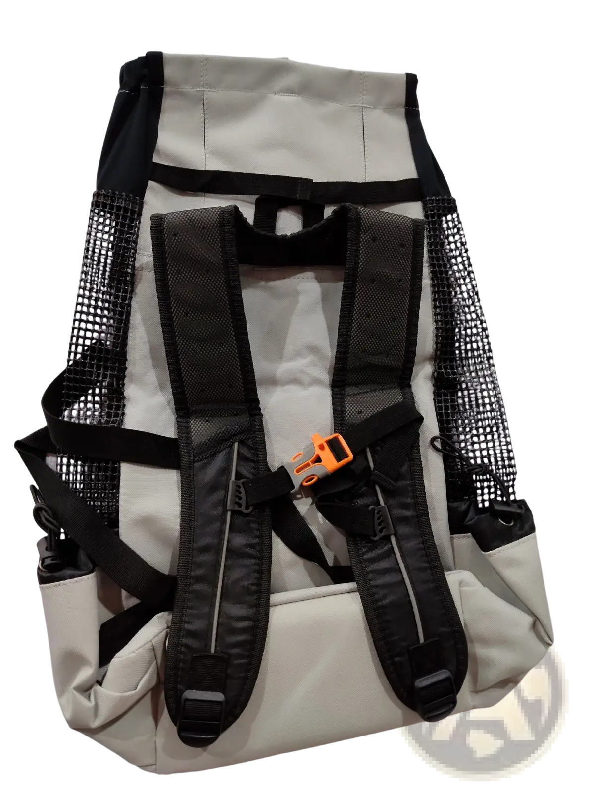 Breathable dog backpack mesh pet carrier gray with beige and black mesh sides, adjustable straps, orange buckle, and reinforced stitching