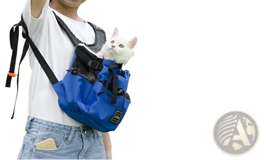 Blue breathable dog backpack mesh pet carrier with black straps and mesh panel designed for carrying small animals