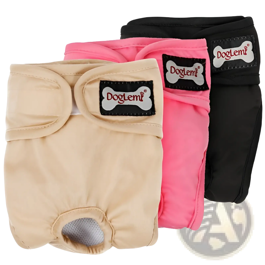 Beige pink and black doglemi breathable female dog diaper with snap closures and mesh lining for physiological use