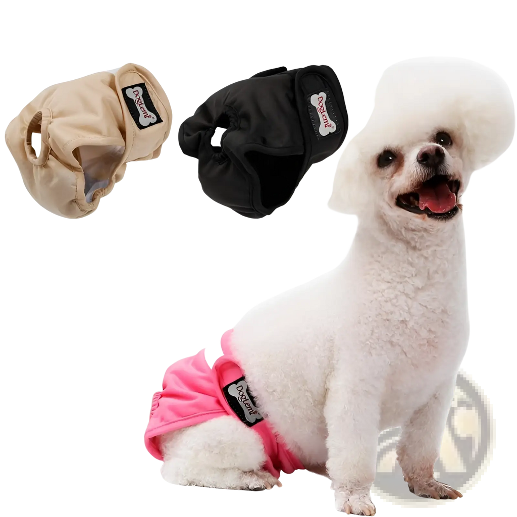 Pink breathable female dog diaper with black elastic waistband and bone-shaped brand patch shown from the back side