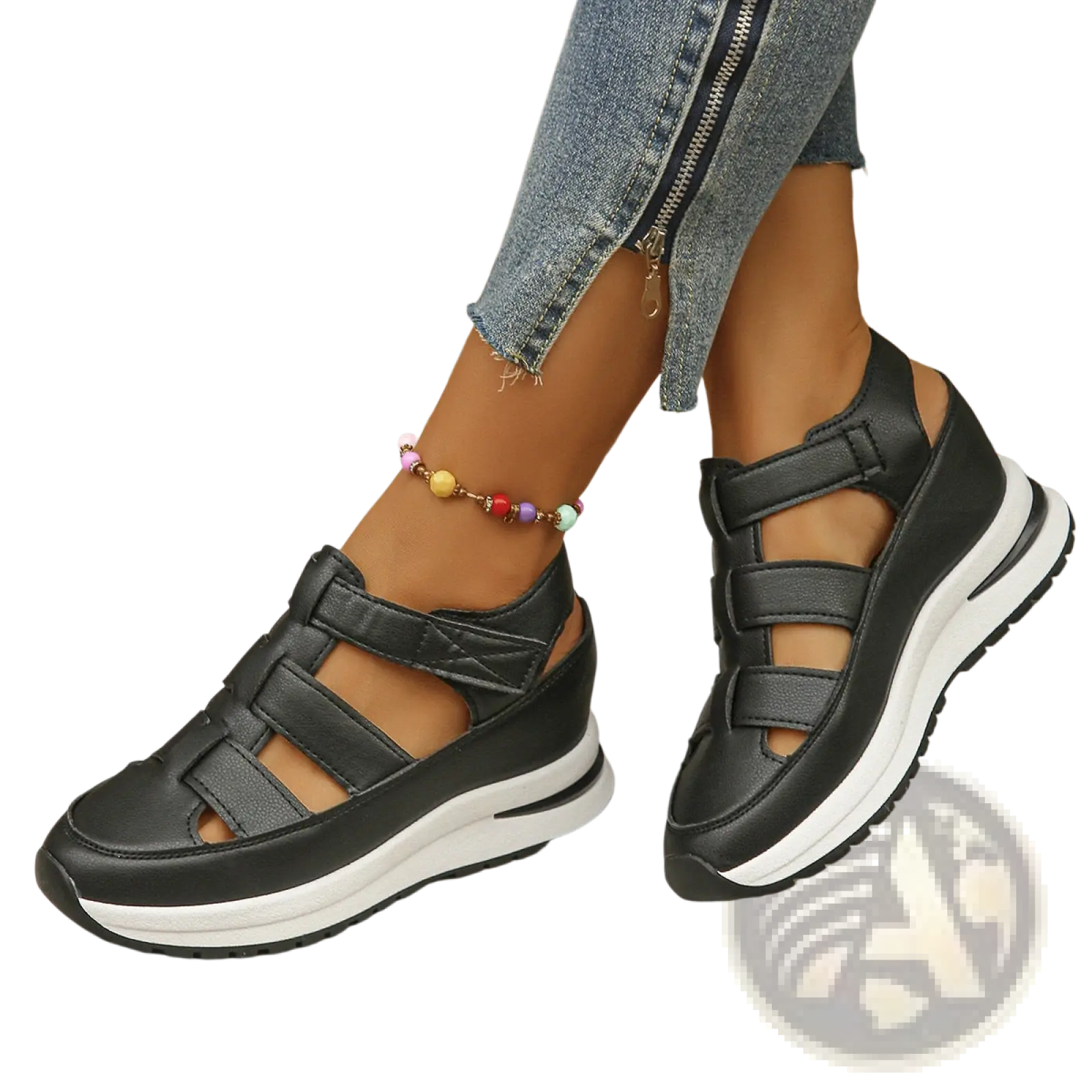Black breathable hollow wedge platform sandals with multiple velcro strap closures and a white rubber sole
