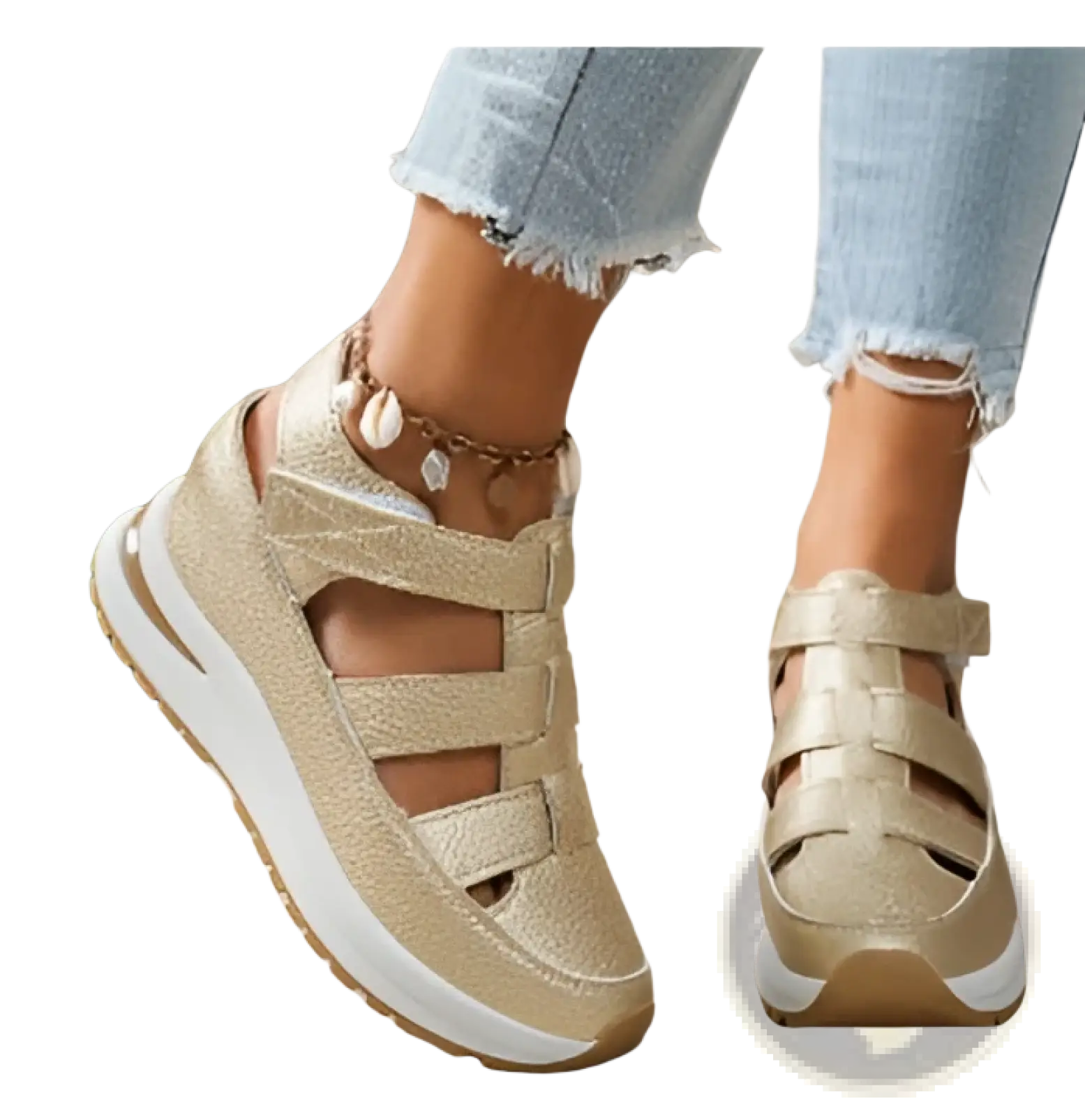 Breathable gold glittery wedge platform sandals with hollow design multiple velcro straps and white sole