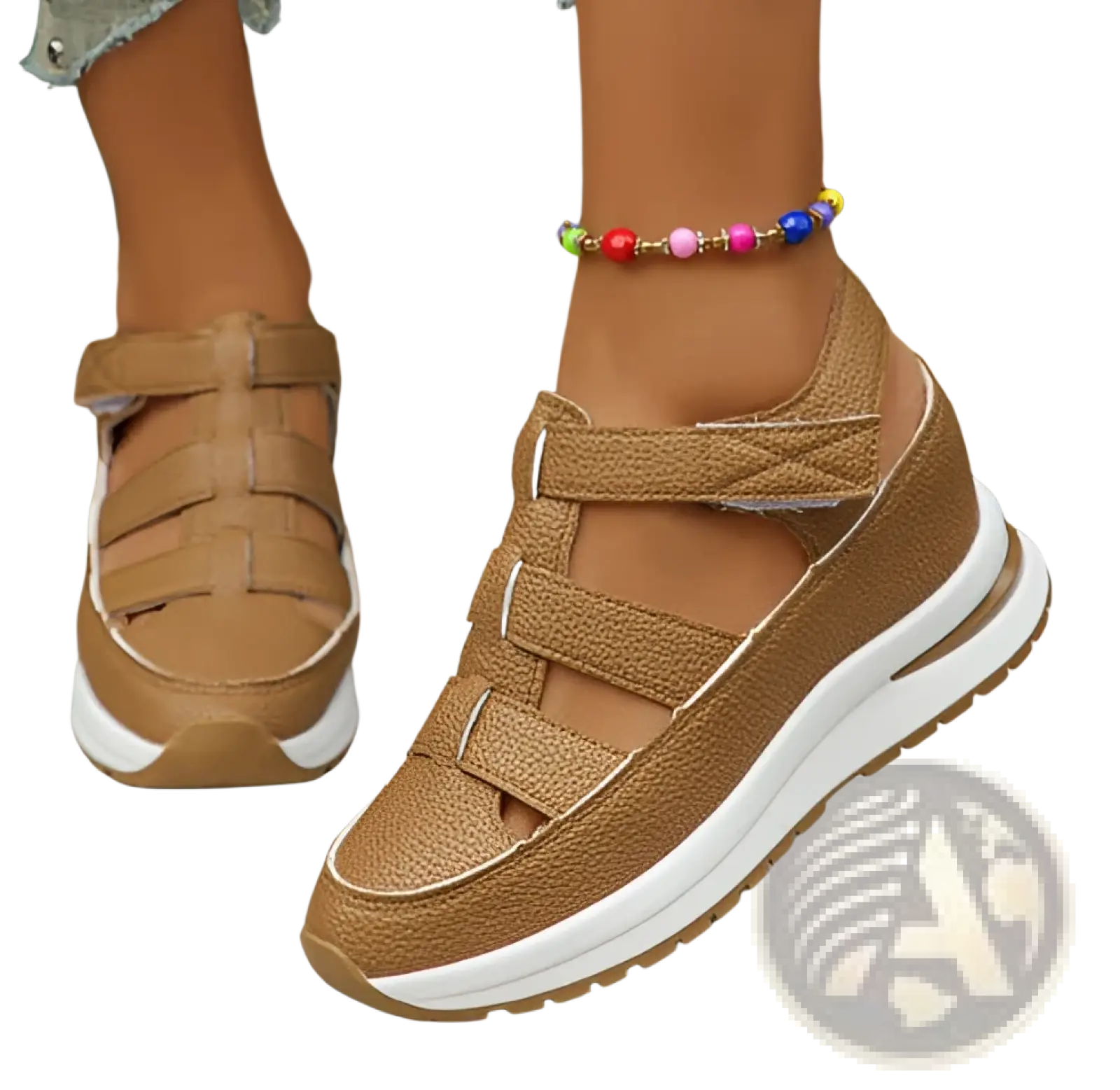 Tan leather breathable hollow wedge platform sandals with white rubber soles and multiple velcro strap closures
