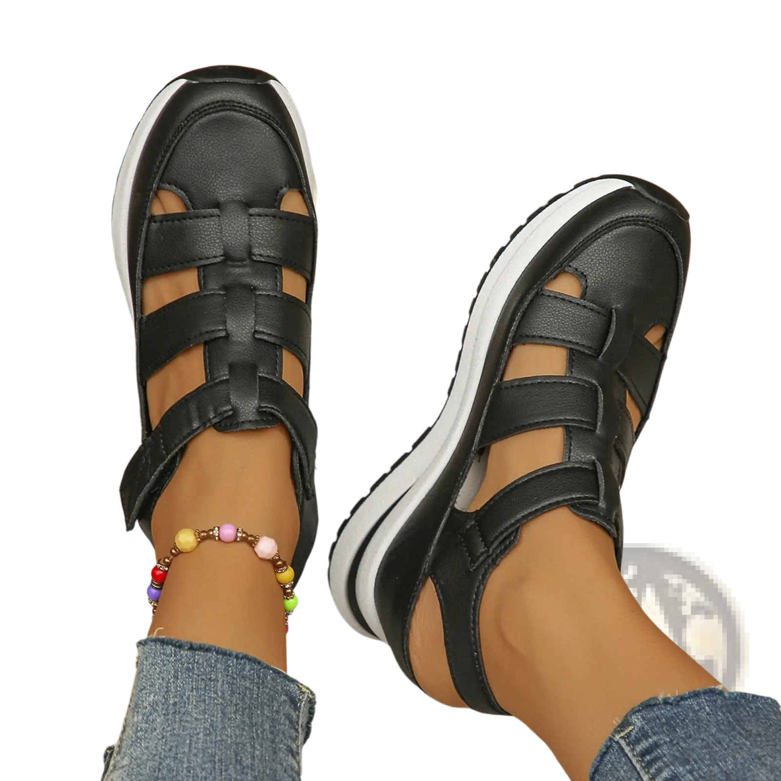 Black leather breathable hollow wedge platform sandals with white rubber sole and crisscross velcro straps