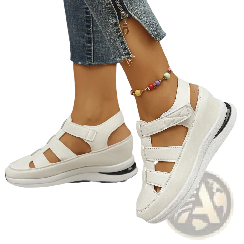 White breathable hollow wedge platform sandals with quilted design black rubber soles and velcro straps