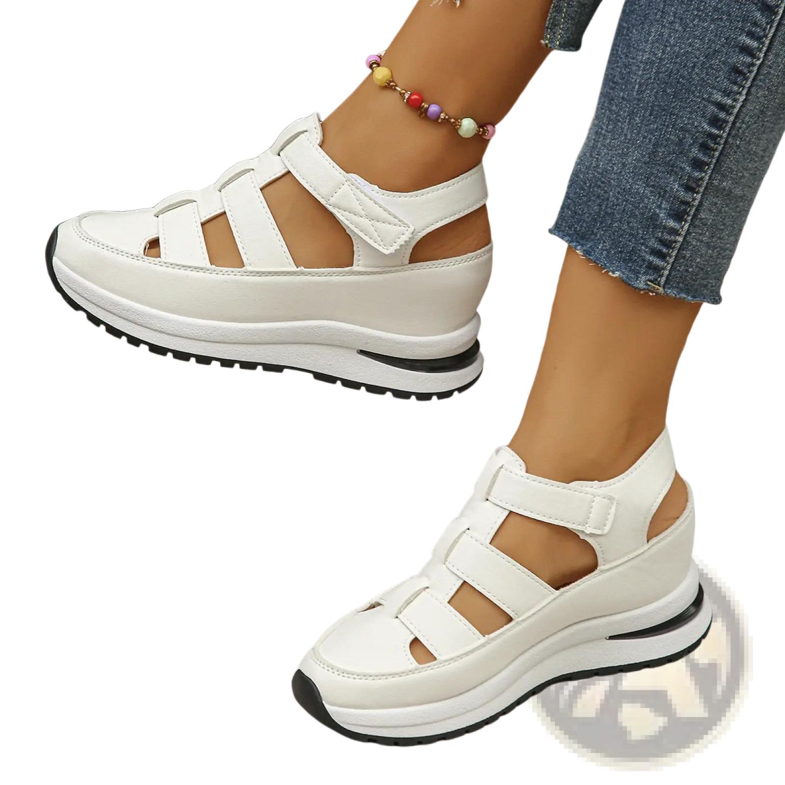 White breathable hollow wedge platform sandals featuring multiple velcro strap closures and a chunky sole