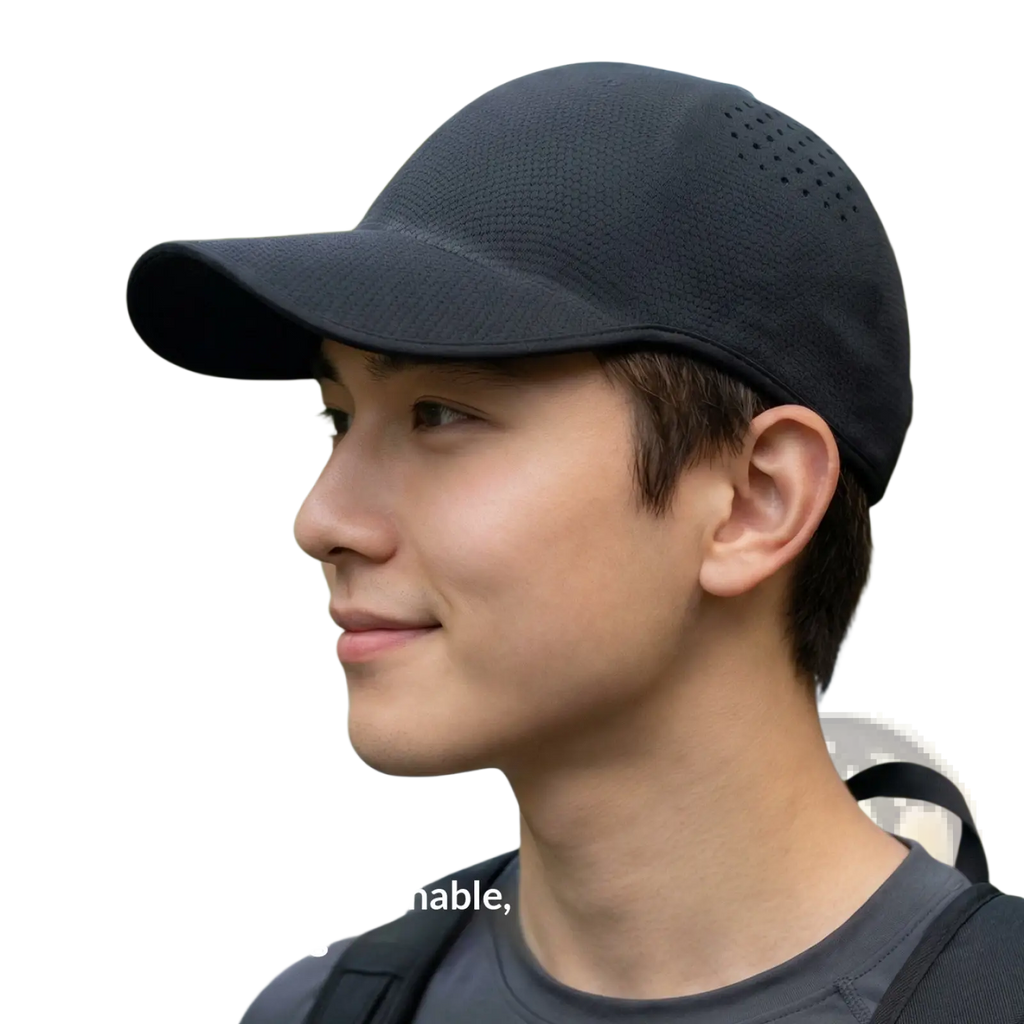 Black breathable mesh baseball cap for men with perforated ventilation holes and curved brim for comfort