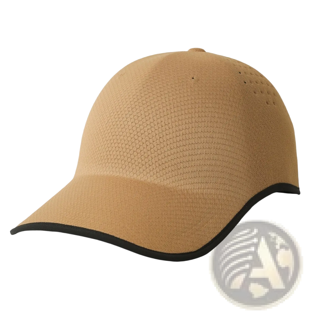 Breathable mesh baseball cap for men in tan with black trim and perforated panels for enhanced airflow