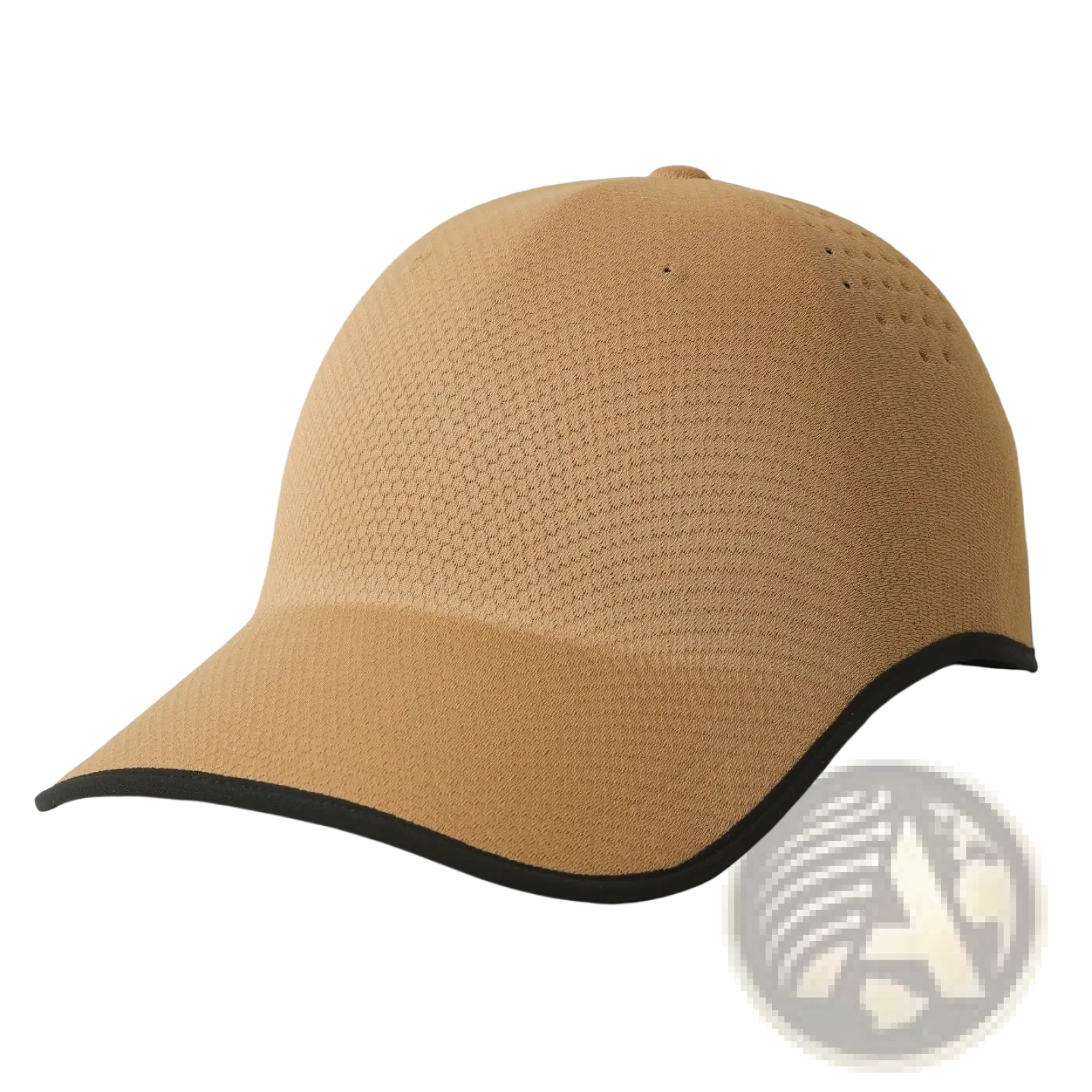 Breathable mesh baseball cap for men in tan with black trim and perforated panels for enhanced airflow