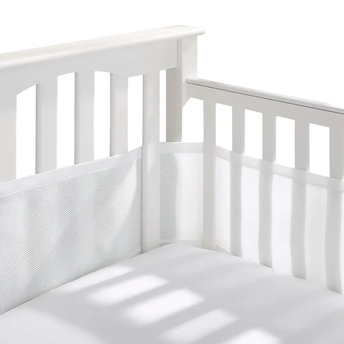 White mesh crib bumper with soft breathable texture and clean lines for teddy bear bedding set