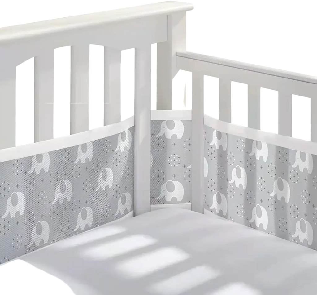 Gray and white elephant-patterned breathable mesh crib bumper with subtle texture for teddy bear bedding