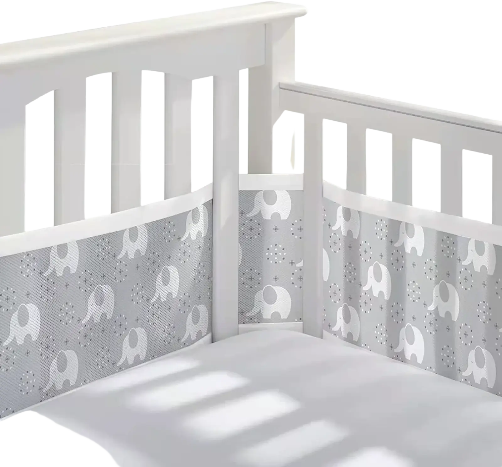 Gray and white elephant-patterned breathable mesh crib bumper with subtle texture for teddy bear bedding