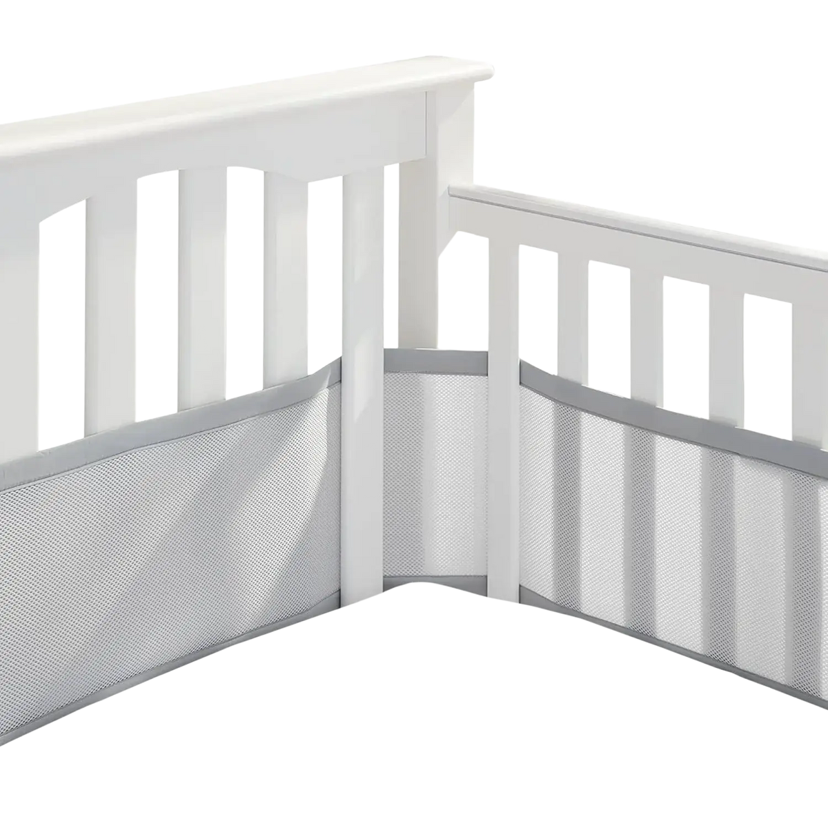 Gray breathable mesh crib bumper with soft padded edge and white wooden slats in the background for teddy bear bedding