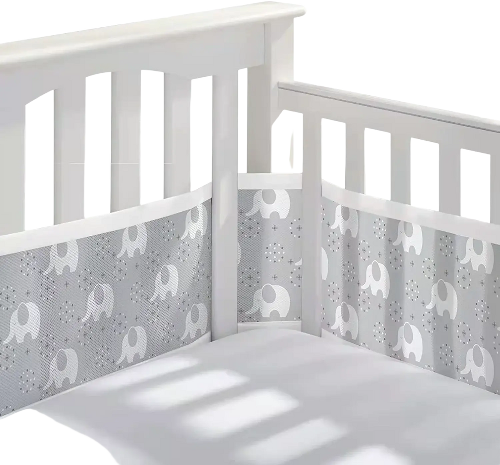Gray and white elephant-patterned breathable mesh crib bumper with subtle texture for teddy bear bedding