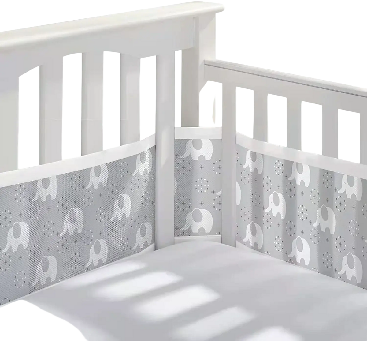 Gray and white elephant-patterned breathable mesh crib bumper with subtle texture for teddy bear bedding