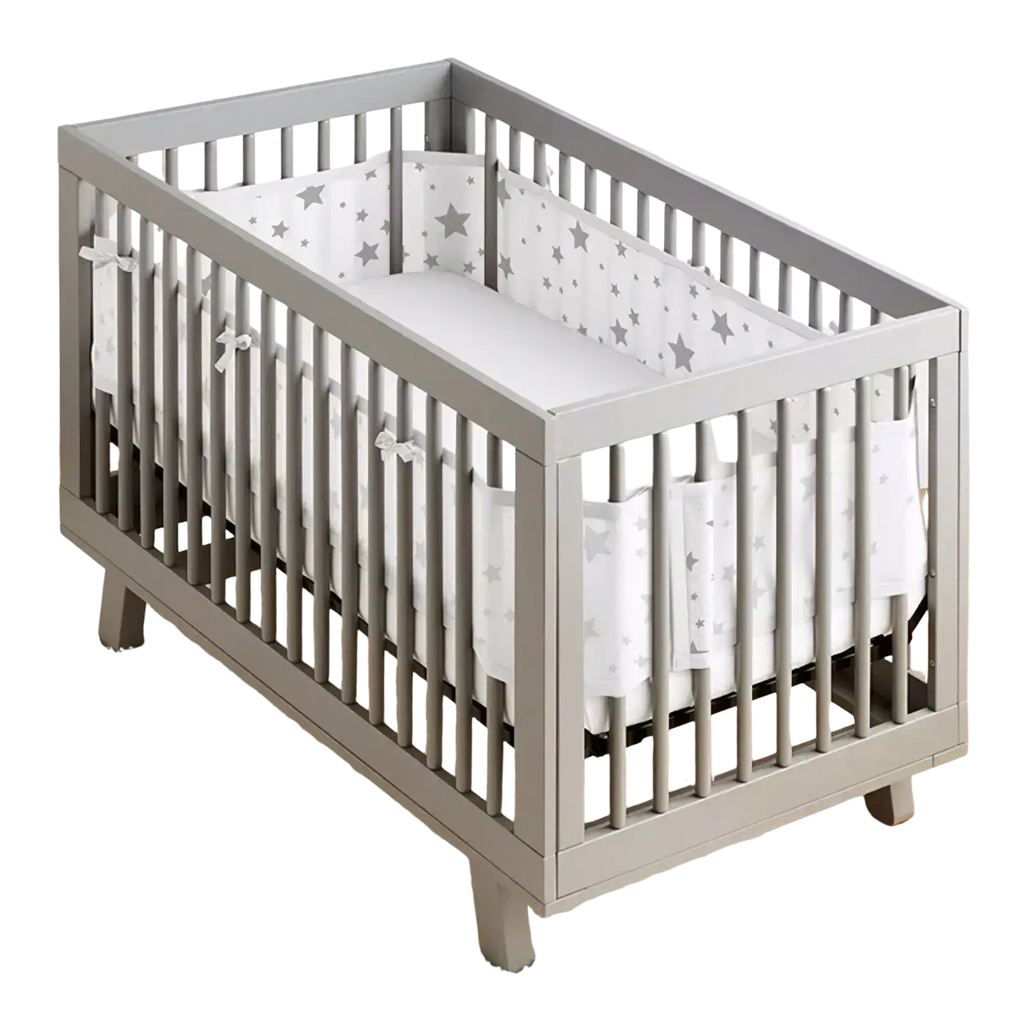Gray wooden crib with vertical slats featuring breathable mesh crib bumper and matching star-patterned teddy bear bedding