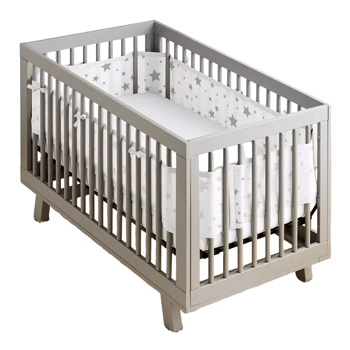 Gray wooden crib with vertical slats featuring breathable mesh crib bumper and matching star-patterned teddy bear bedding