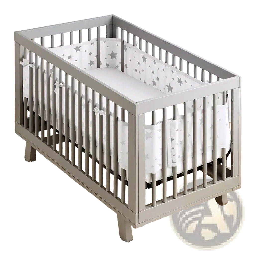Gray wooden crib with vertical slats featuring breathable mesh crib bumper and matching star-patterned teddy bear bedding