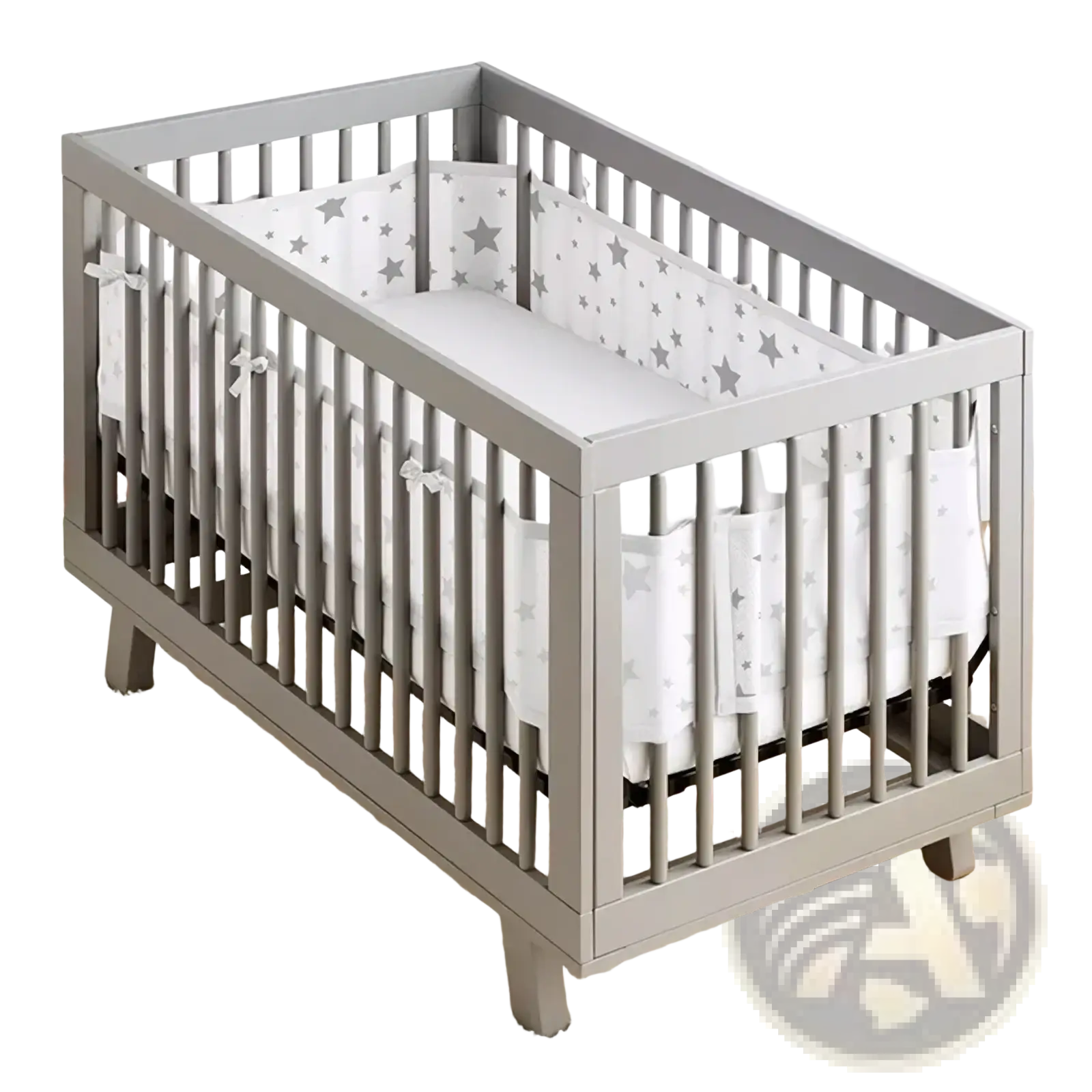 Gray wooden crib with vertical slats featuring breathable mesh crib bumper and matching star-patterned teddy bear bedding