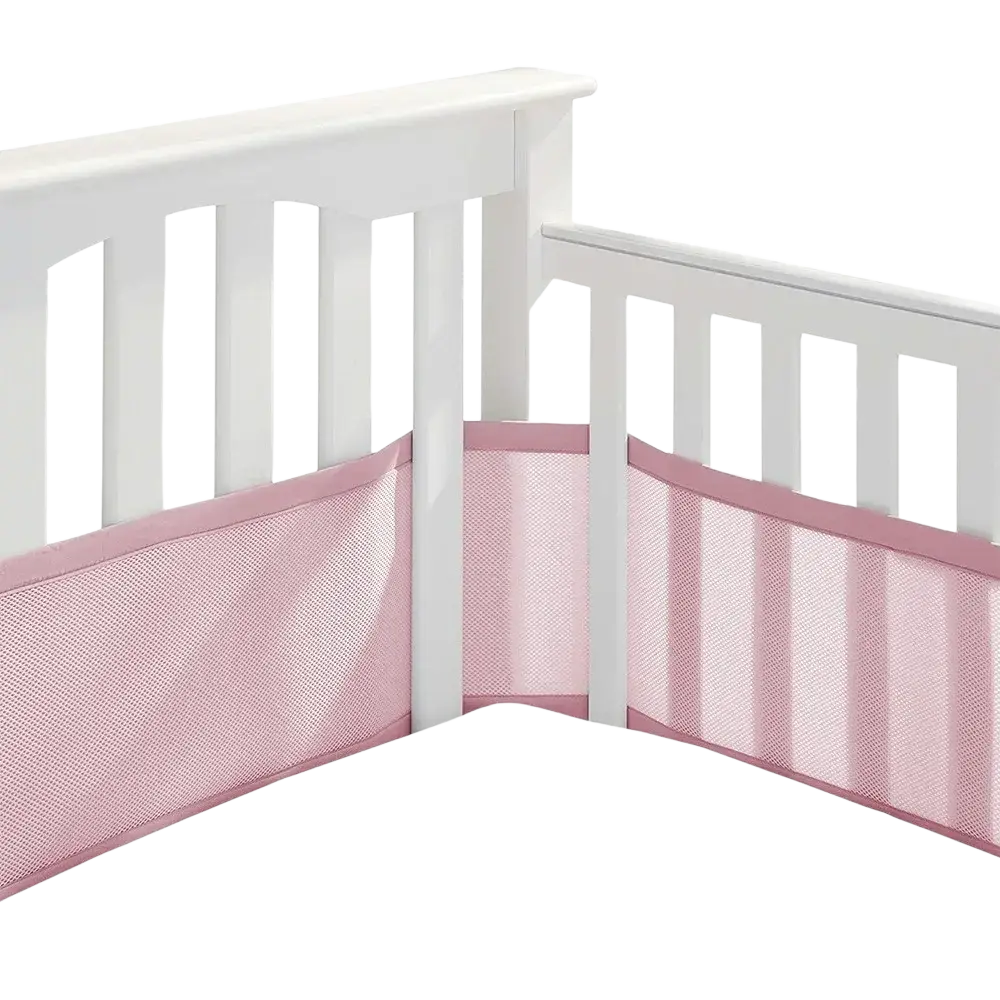 Pink breathable mesh crib bumper with solid pink trim designed for teddy bear bedding sets