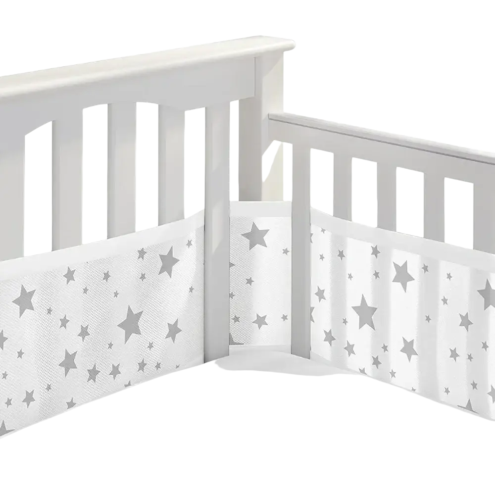 White breathable mesh crib bumper with silver star pattern for teddy bear bedding set