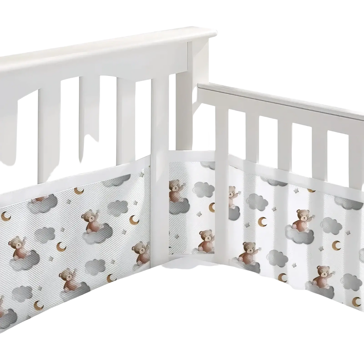 White breathable mesh crib bumper with soft texture featuring brown teddy bears on gray clouds and crescent moons