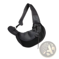 Black breathable mesh pet carrier backpack with adjustable shoulder strap and drawstring closure shown from back side