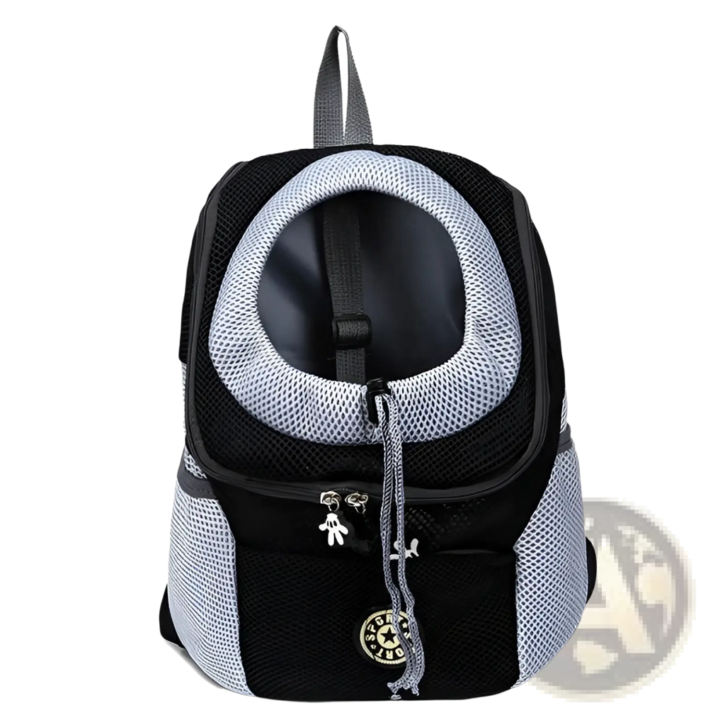 Breathable mesh pet carrier backpack in black and gray with circular opening and paw-shaped zipper pulls