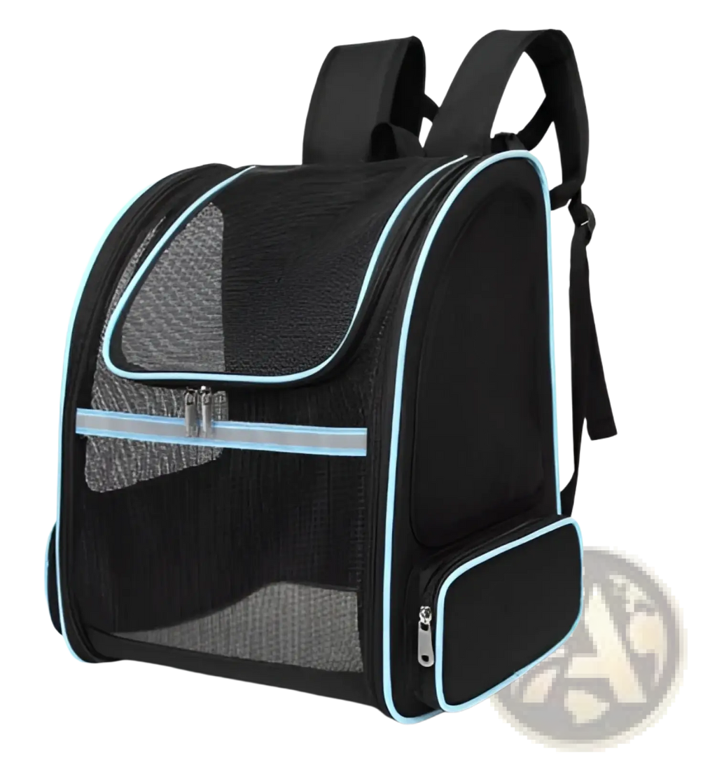 Black mesh breathable mesh pet carrier backpack with light blue trim and zippers for comfortable travel use