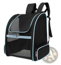 Black mesh breathable mesh pet carrier backpack with light blue trim and zippers for comfortable travel use