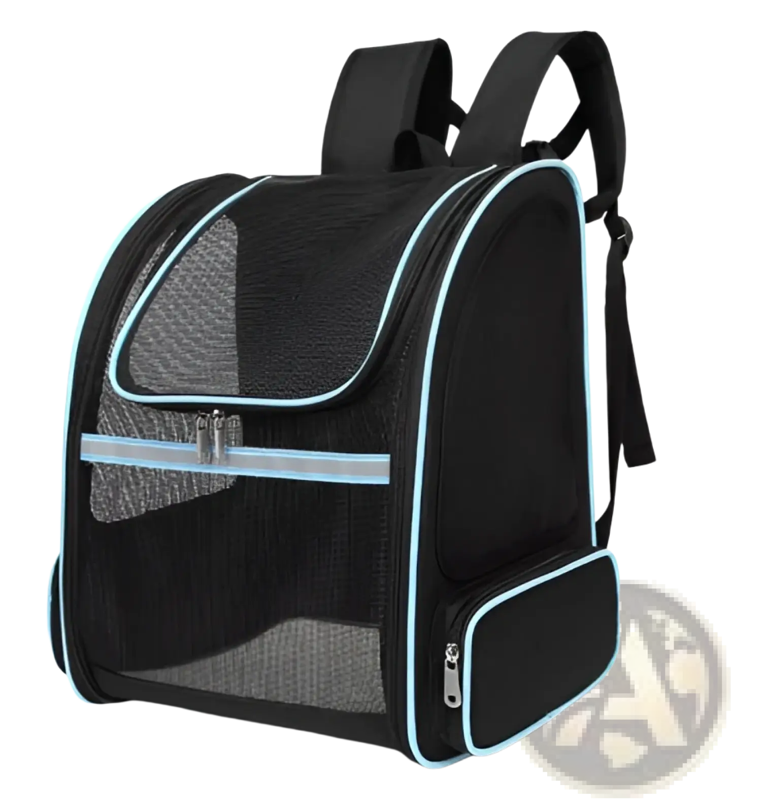 Black mesh breathable mesh pet carrier backpack with light blue trim and zippers for comfortable travel use
