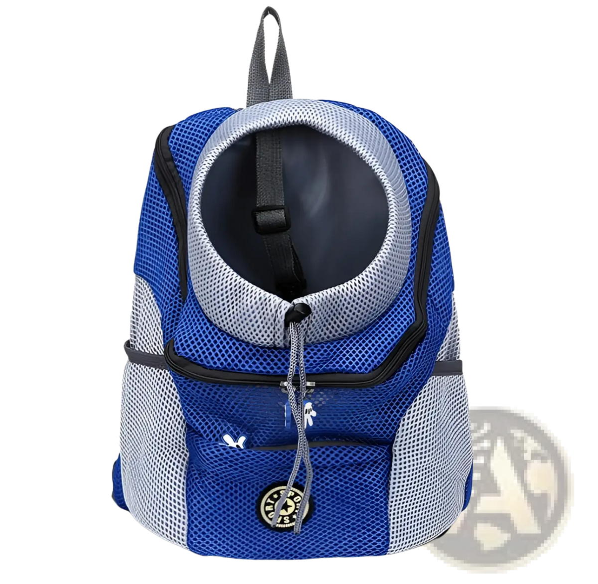 Breathable mesh pet carrier backpack in blue and gray mesh with circular opening and black zipper accents