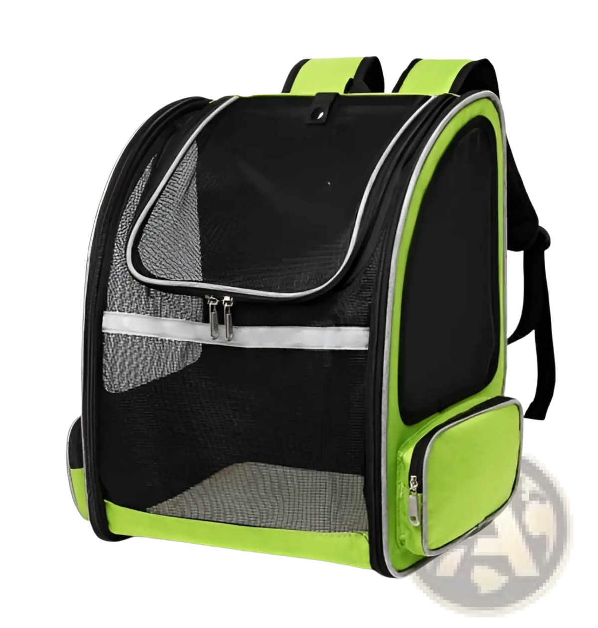 Lime green and black breathable mesh pet carrier backpack with reflective trim mesh sides and zippers visible from the back side