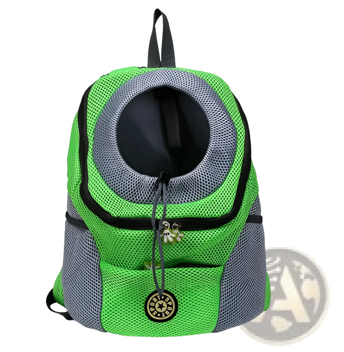 Bright green and gray breathable mesh pet carrier backpack with circular opening black zipper pulls and decorative charms