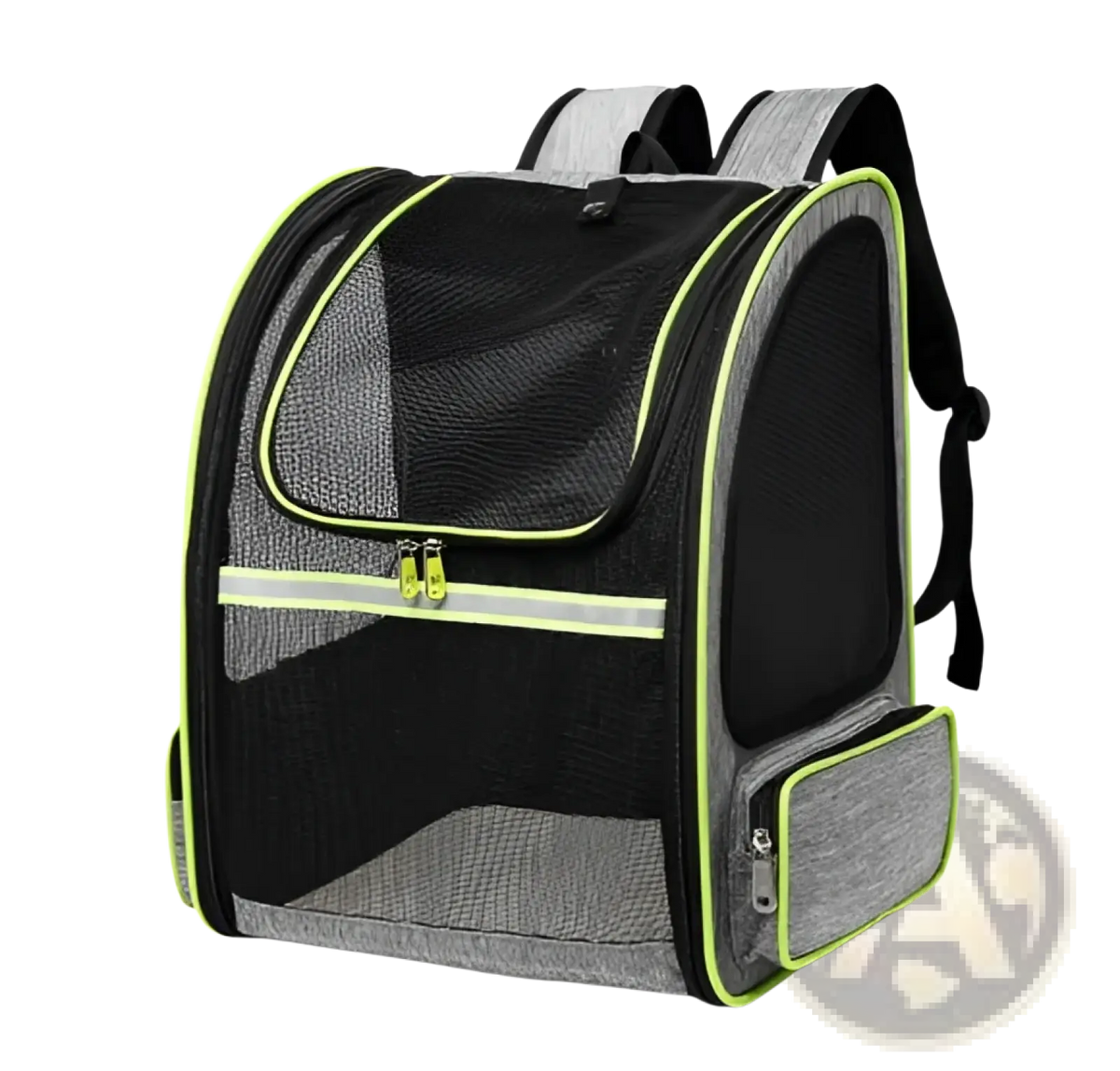 Breathable mesh pet carrier backpack in black and gray mesh with neon green trim shown from the back side