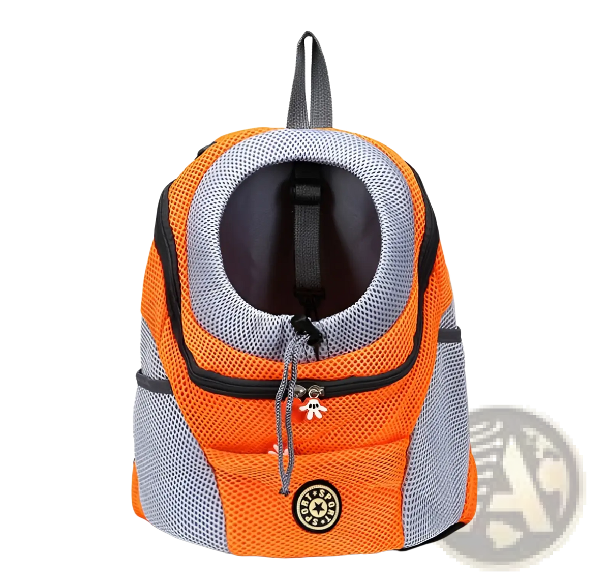 Breathable mesh pet carrier backpack in bright orange and gray with black trim and a circular head opening