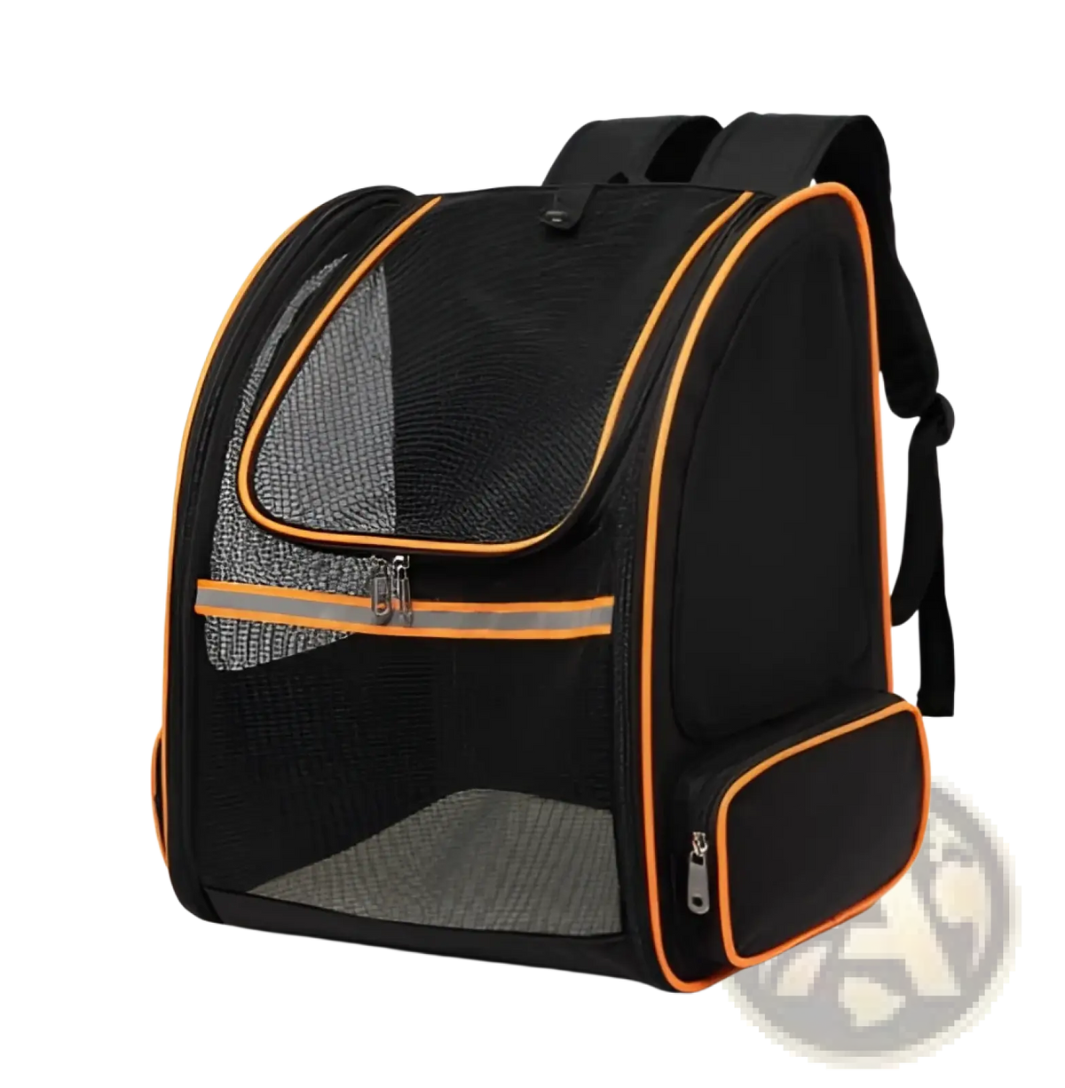 Breathable mesh pet carrier backpack in black with orange trim and reflective stripes shown from the back side