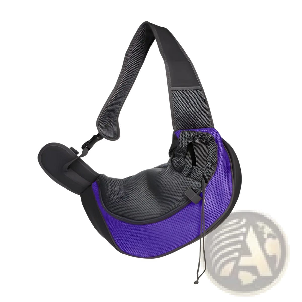 Purple and black breathable mesh pet carrier backpack with adjustable shoulder strap shown from the back side