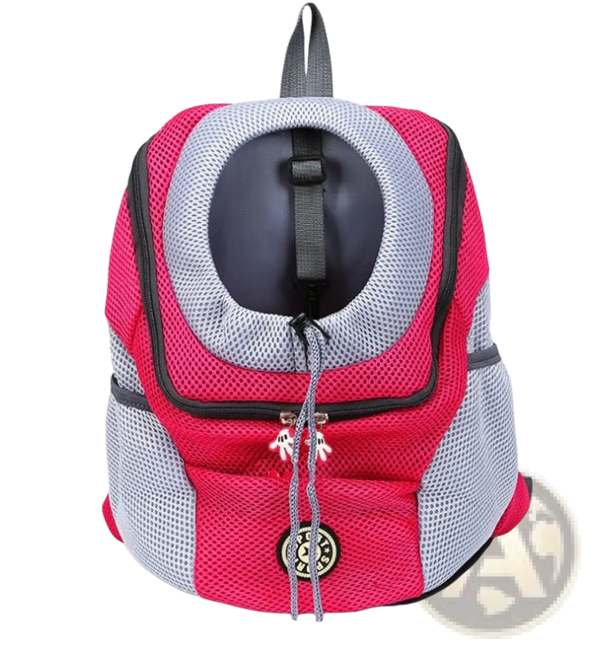 Breathable mesh pet carrier backpack in pink and gray with circular opening black zippers and white tassels