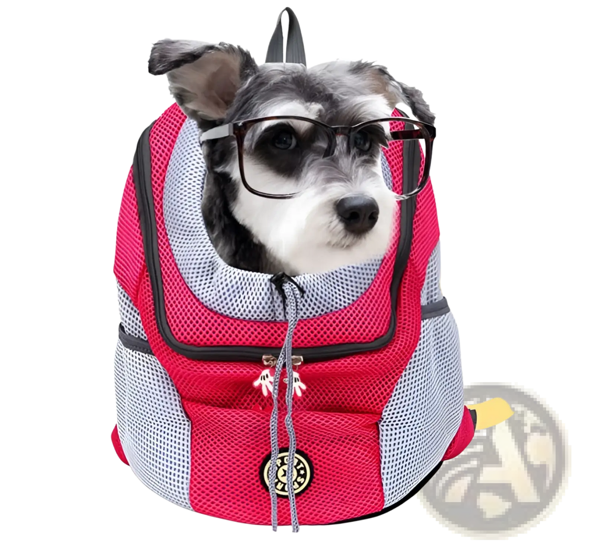 Breathable mesh pet carrier backpack in pink and gray with black zipper pull and circular logo fits snugly around dogs head