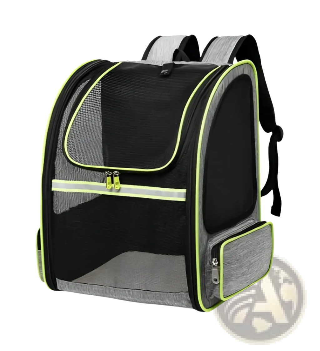 Black and gray breathable mesh pet carrier backpack with neon green trim and reflective stripes shown from back side