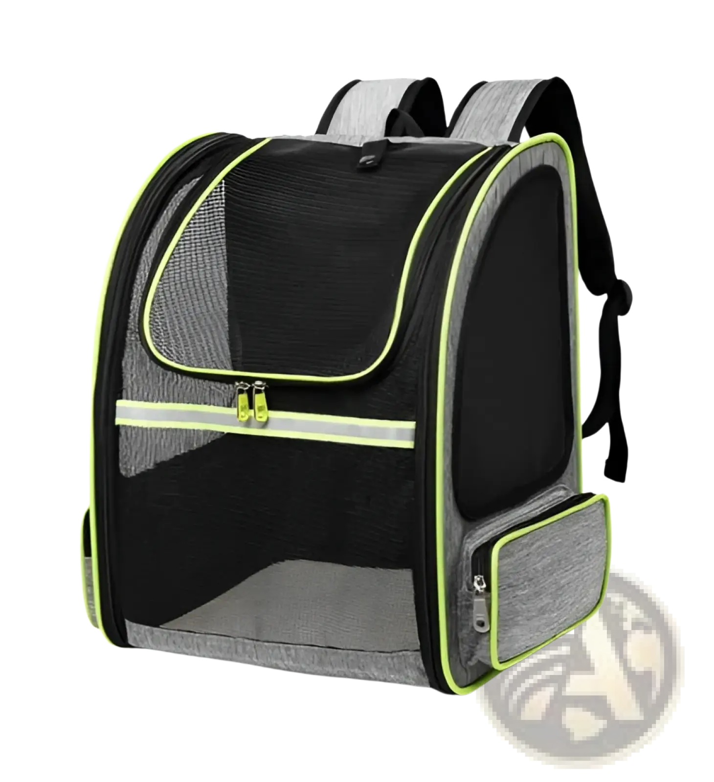 Black and gray breathable mesh pet carrier backpack with neon green trim and reflective stripes shown from back side