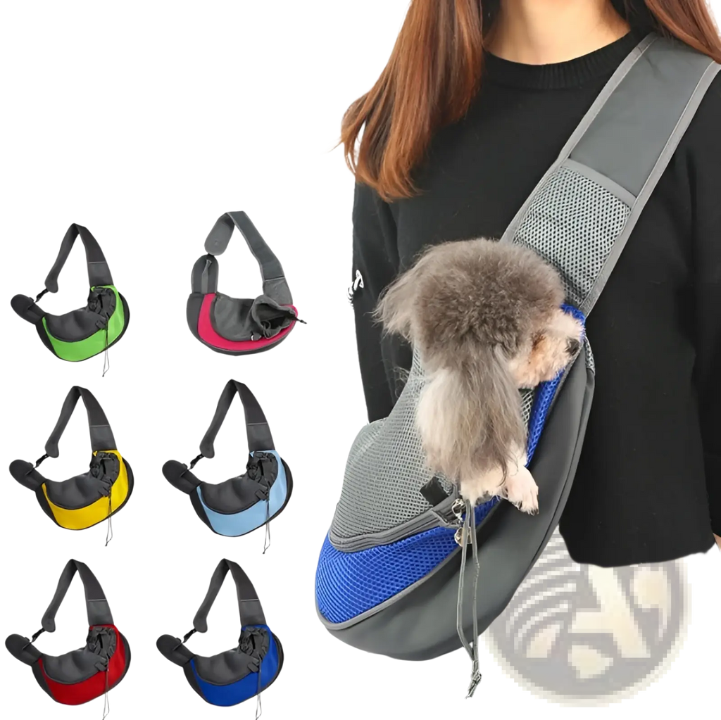 Blue and gray breathable mesh pet carrier backpack showing adjustable shoulder strap and side mesh panels