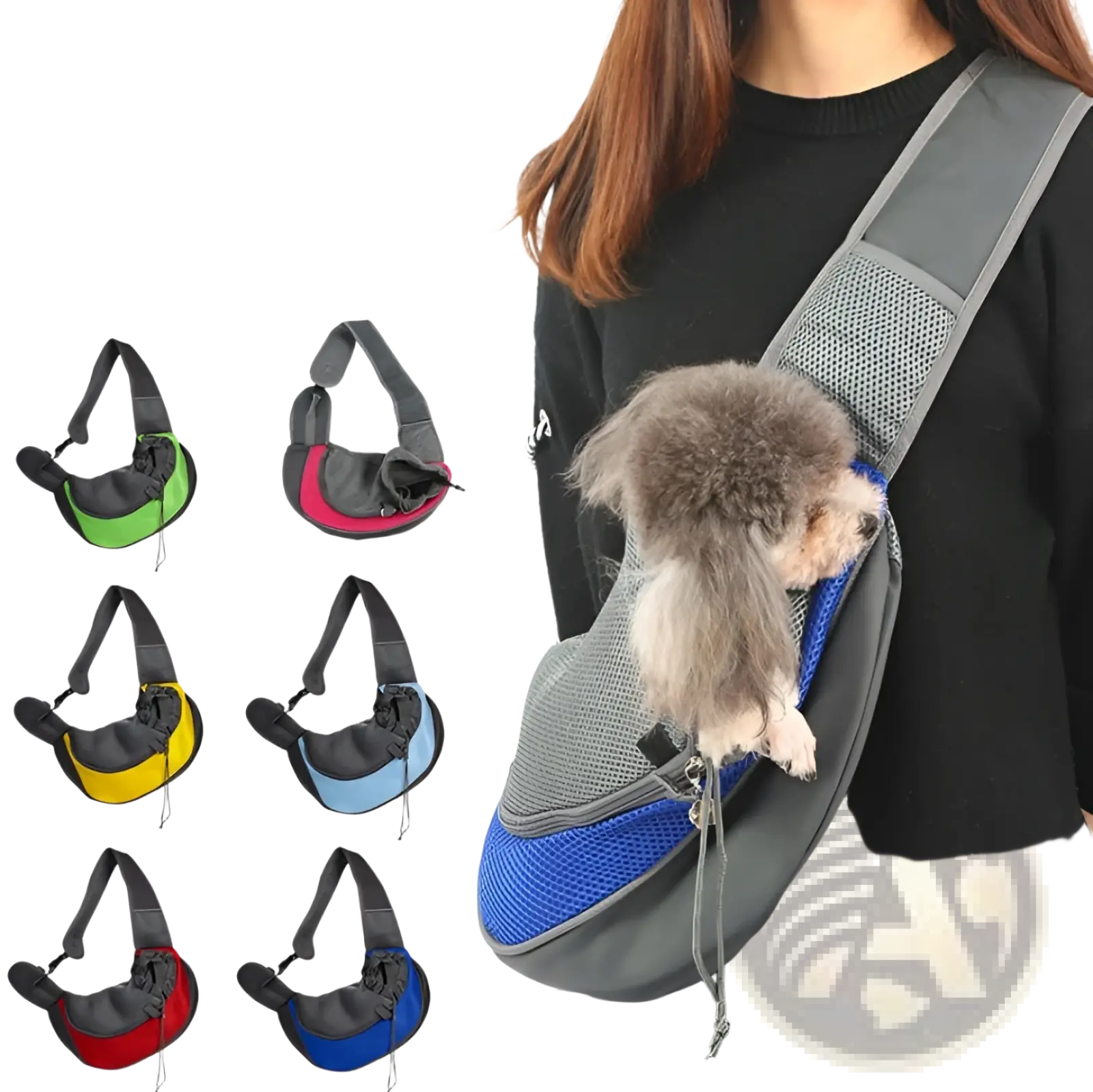 Blue and gray breathable mesh pet carrier backpack showing adjustable shoulder strap and side mesh panels
