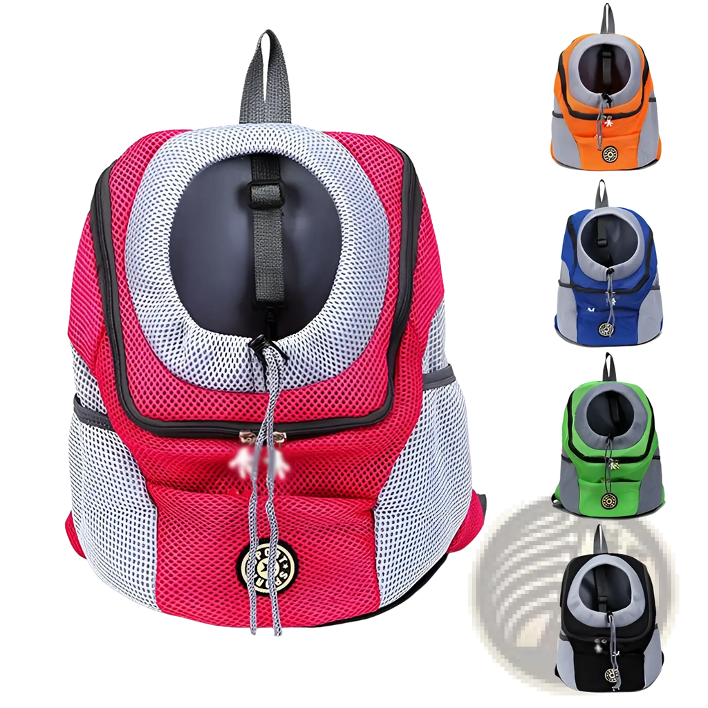 Bright pink and gray breathable mesh pet carrier backpack with a circular opening for the animal’s head