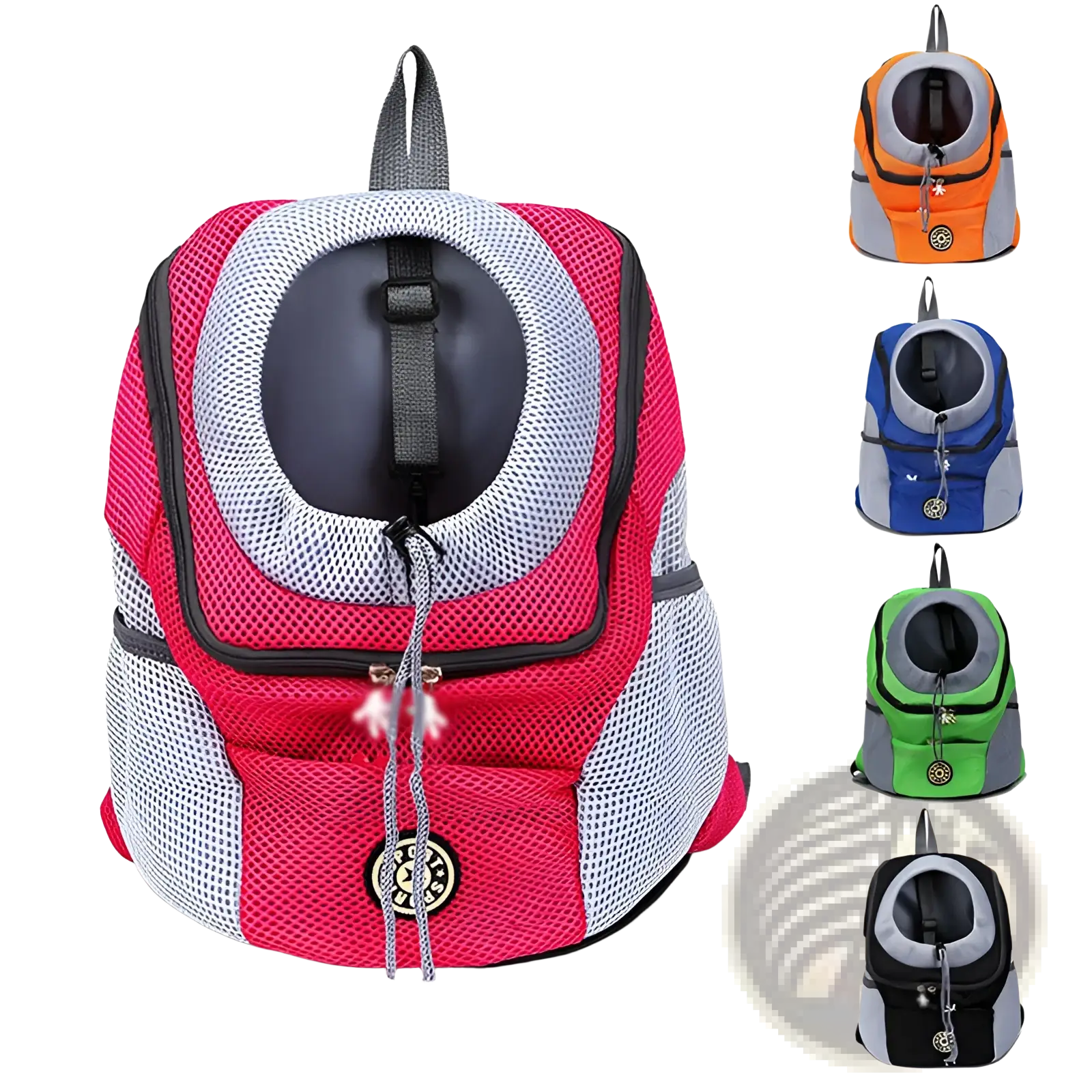 Bright pink and gray breathable mesh pet carrier backpack with a circular opening for the animal’s head