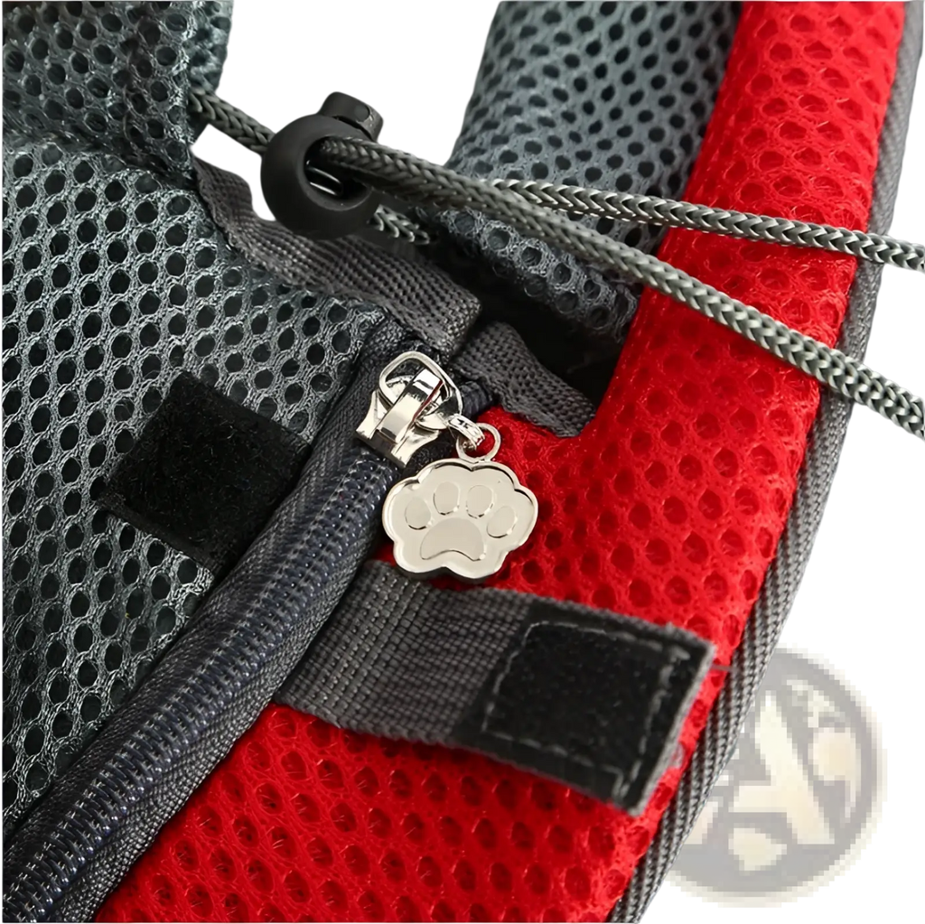 A silver paw print zipper pull on a red and gray breathable mesh pet carrier backpack harness