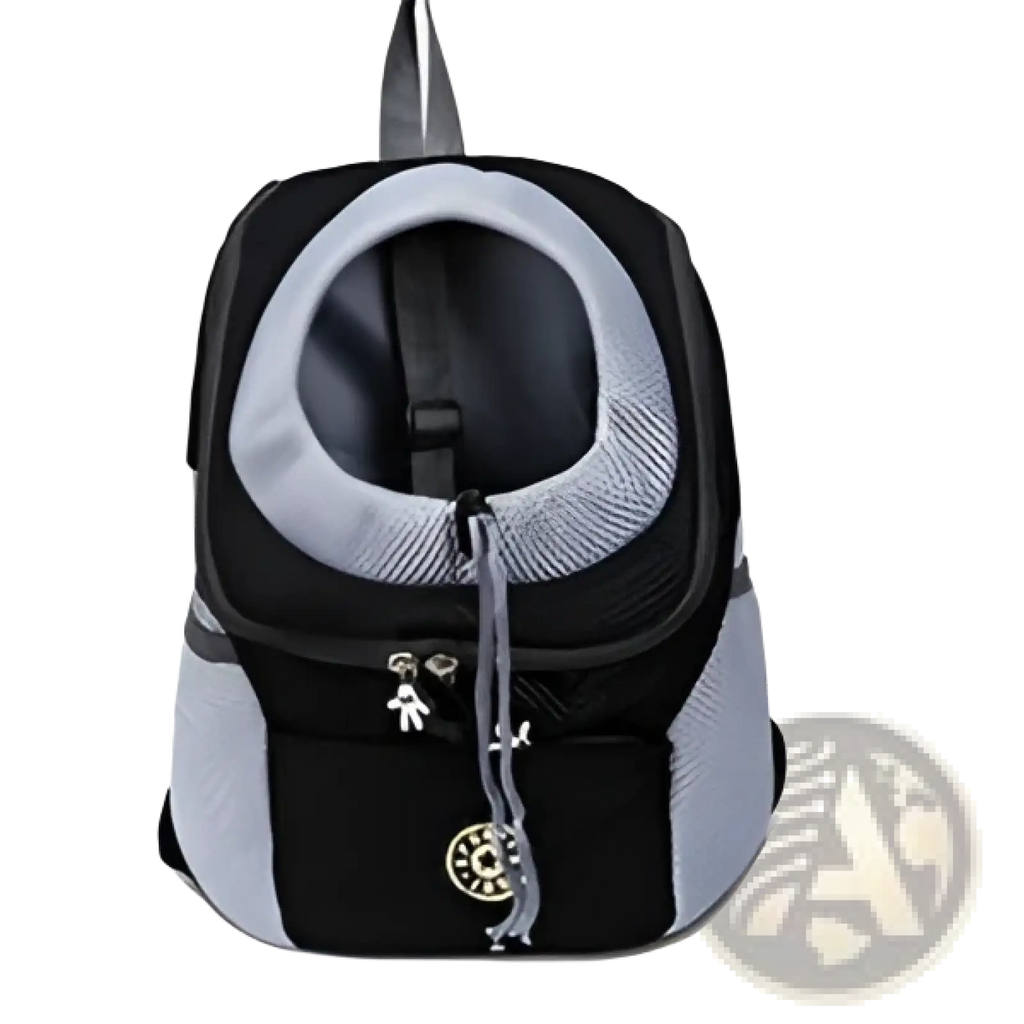 Breathable black and gray mesh pet carrier backpack with silver-toned hardware and front zipper pocket for travel