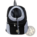 Breathable black and gray mesh pet carrier backpack with silver-toned hardware and front zipper pocket for travel